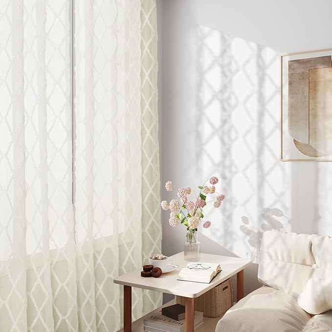 Cream Sheer Curtains 108 Inches Long 2 Panels Rod Pocket Back Tab Top Elegant Ivory Drapes for Bedroom Light Filtering Privacy Window Treatment Extra Long Embroidered Sheer Curtains for Living Room