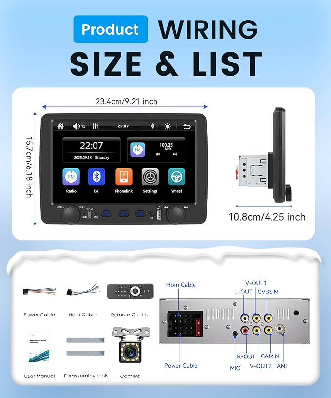 Rimoody Single Din Car Stereo with Wireless Carplay & Android Auto, 9 Inch Touchscreen Car Audio Receiver, Mirror Link, Bluetooth Handsfree/FM/, Backup Camera, SWC, USB/Type-C, EQ, Remote Control