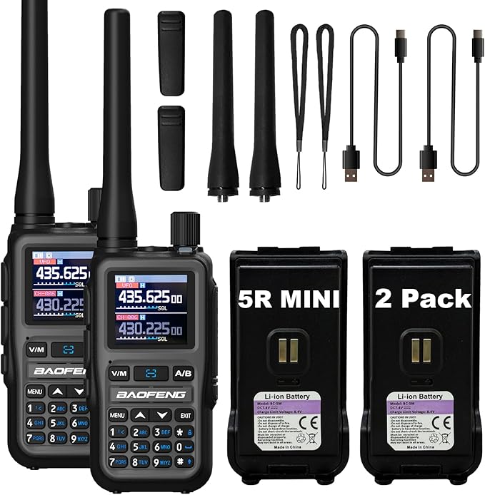 BAOFENG UV-5R Mini Two Way Radio BF-5R Mini Walkie Talkie Wireless Power Adjustable Tiny Size Frequency Copy 999 Channels Type-C Four Colors Portable Ham（2 Pack） (Grey)