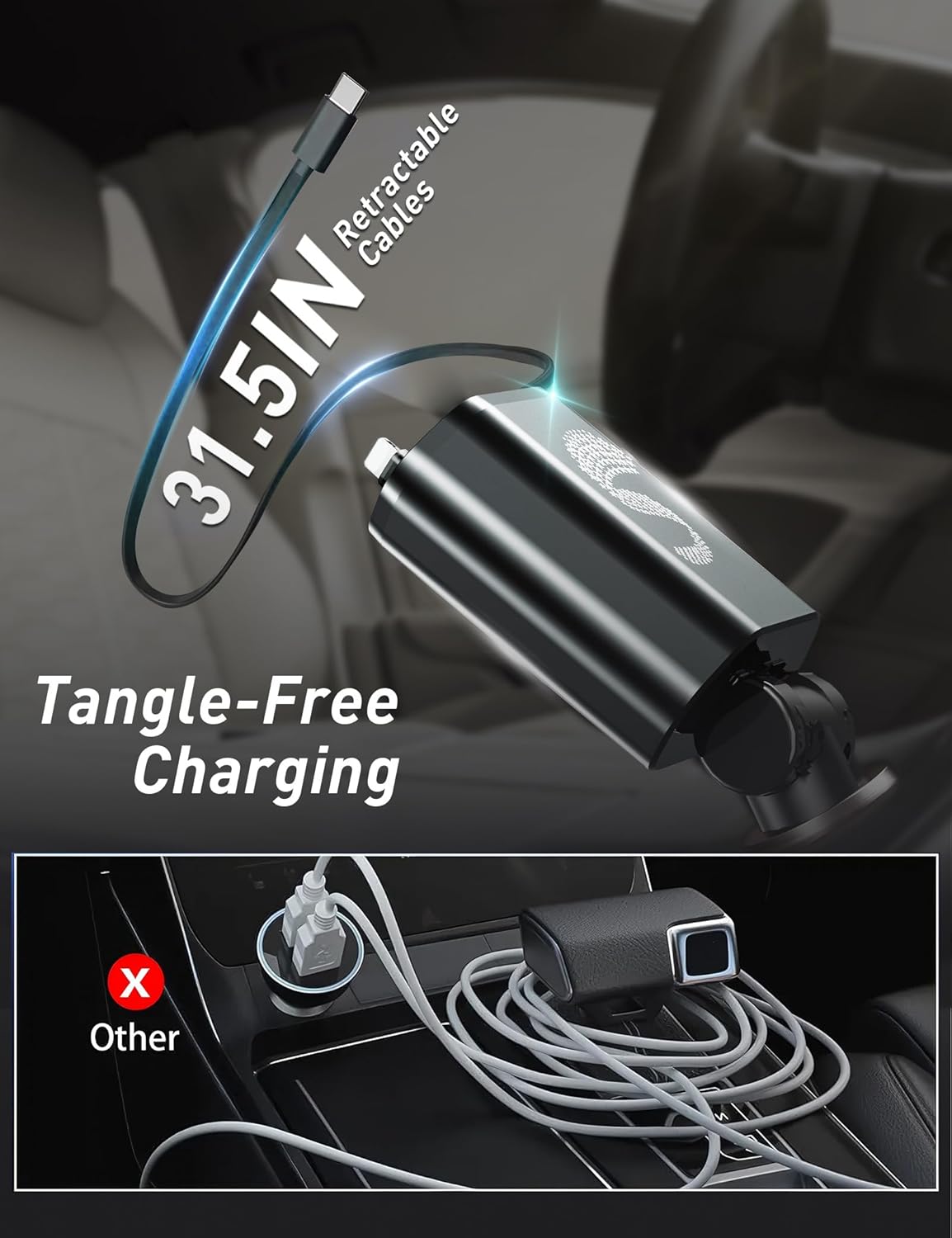 Retractable Car Charger USB C Fast Charging 120W, Car Accessories Cigarette Lighter Adapter Car Charger iPhone16 15 14 13 12 11 Car Essentials Gift for Travelers, Men, Women