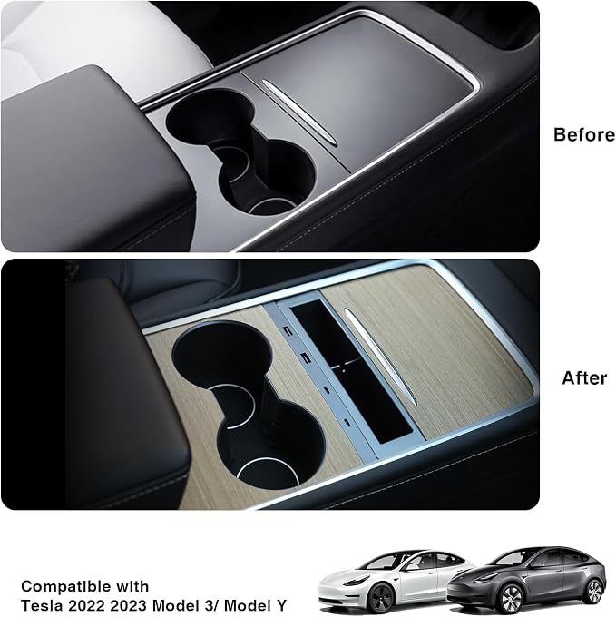 Center Console Organizer for Tesla 2021-2023 Model 3/Y Car Multi-Port USB Hub Charging Adapter USB Cable Organizer Cup Holder Pad for Tesla Accessories (3PCS)
