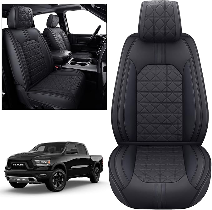 YIERTAI Dodge RAM Seat Covers Fit for 2009-2023 2024 2025 2026 1500/2500/3500HD Pickup Front Seats Only Crew Double Cab Quad Cab Waterproof Leather Seat Covers(2 PCS Front only/Black)