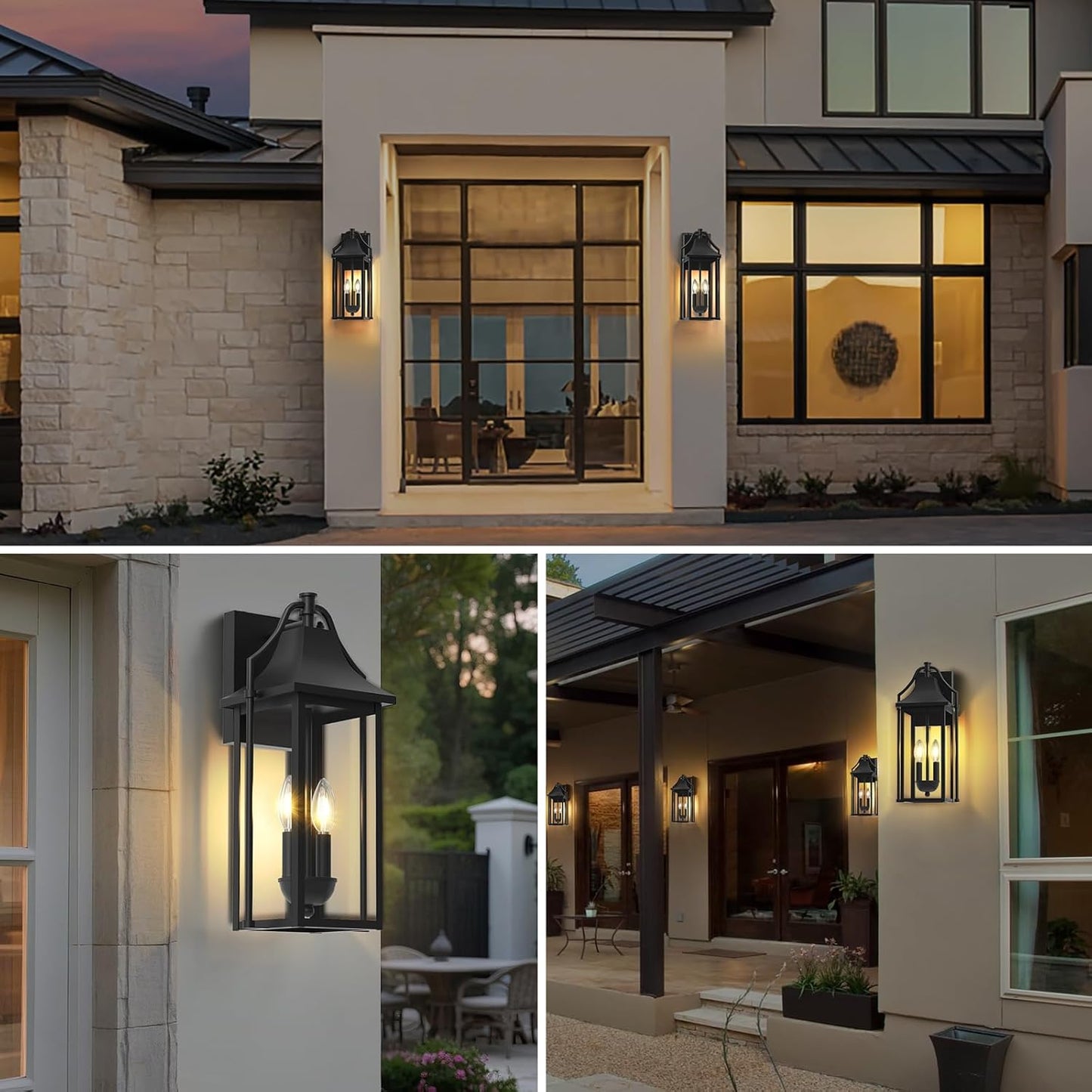 𝟏𝟖𝑰𝑵 Outdoor Wall Sconce Fixture, Dusk to Dawn Patio Lights Waterproof Exterior Lanterns, 2-Light Modern Wall Light Mounted with Glass, Black Outside Lights for House Front Door Entryway