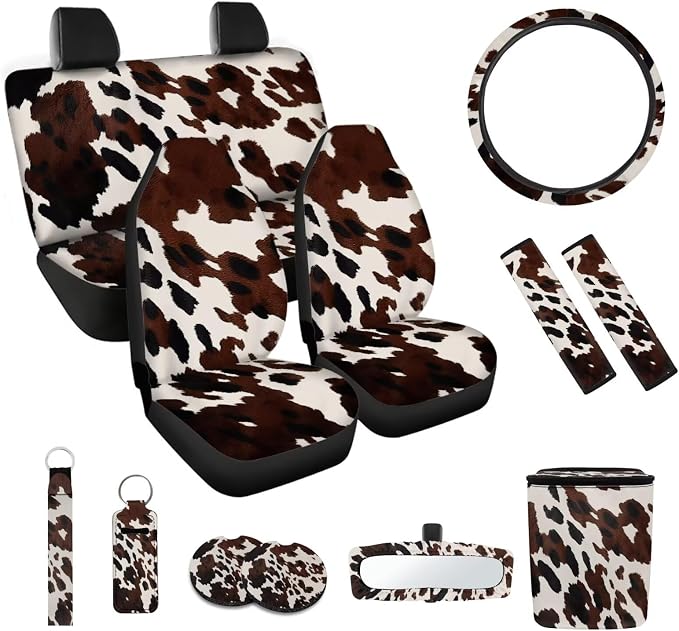 Brown Cow Print Car Accessories Set 12 Pcs Steering Wheel Cover Car Seat Belt Cover Car Trash Can Car Rear View Mirror Cover Car Cup Coasters Keychain Holder Keychains