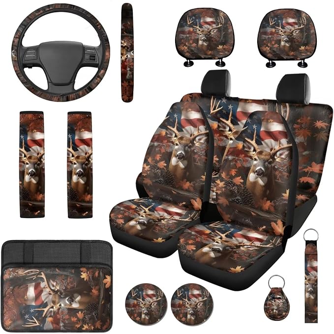 Bulopur Deer Hunting Camo Auto Seat Covers Full Set with Car Armrest Pad Seat Belt Covers Keychain American Flag Automotive Interior Decor Set for Truck SUV Van 14 Pack