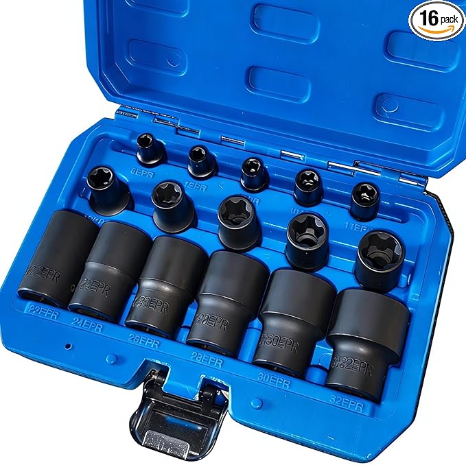 Torx Plus EPR Socket Set 5 Point EPR Socket 6EPR, 7EPR, 8EPR, 10EPR, 11EPR, 12EPR, 14EPR, 16EPR, 18EPR, 20EPR, 22EPR, 24EPR, 26EPR, 28EPR, 30EPR, 32EPR with 1/2'' 3/8'' 1/4'' Dr Socket 16pcs