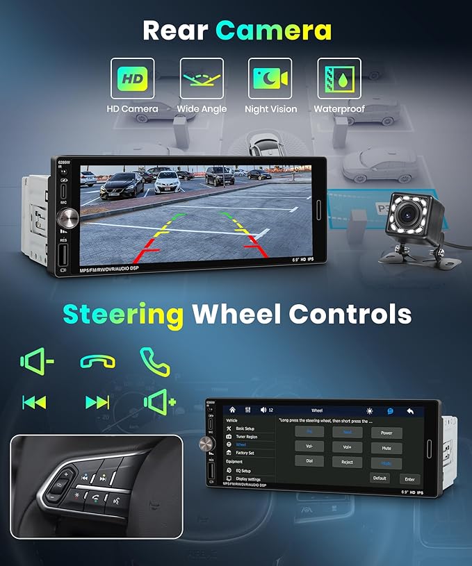 Single Din Car Stereo with Wireless Carplay Android Auto-2025 Upgraded Bluetooth 5.2 Type-C Dual Mic 6.9 Inch IPS Touch Screen Car Radio with Backup Camera Mirror Link FM USB EQ SWC