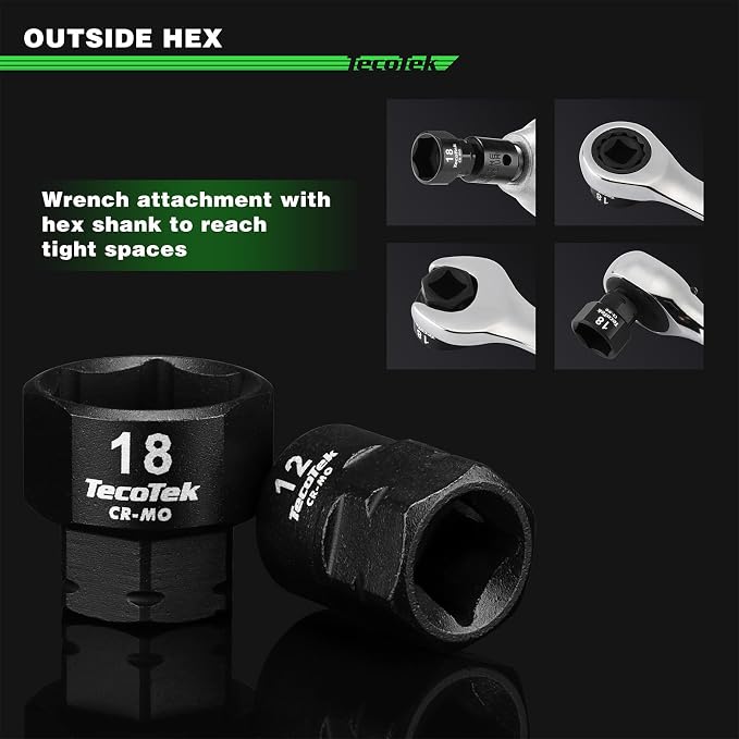 TecoTek 19PCS 3/8-Inch Drive Metric Low Profile Impact Socket Set, Stubby Socket Set, 6mm-24mm, No Skips Sizes, 6 Point, Cr-Mo, Shorter Socket for Tight Areas