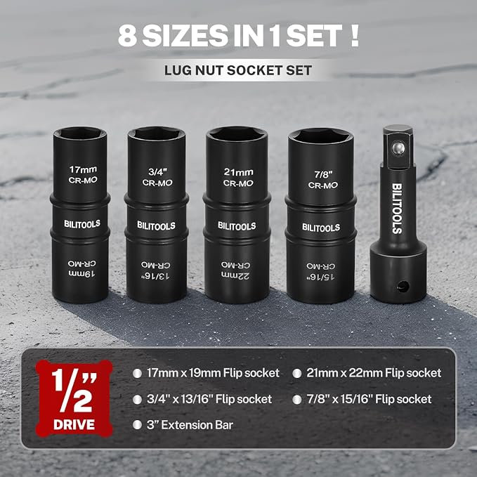 BILITOOLS 1/2 inch Drive Impact Flip Socket Set &Extra Long 6" Lug Nut Socket Set