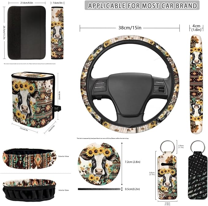 Aztec Cow Car Seat Covers Full Set with Steering Wheel Cover Car Seat Belt Cover Rear View Mirror Cover Car Trash Can Car Coasters Wristlet Keychain Keychains，12 Pieces