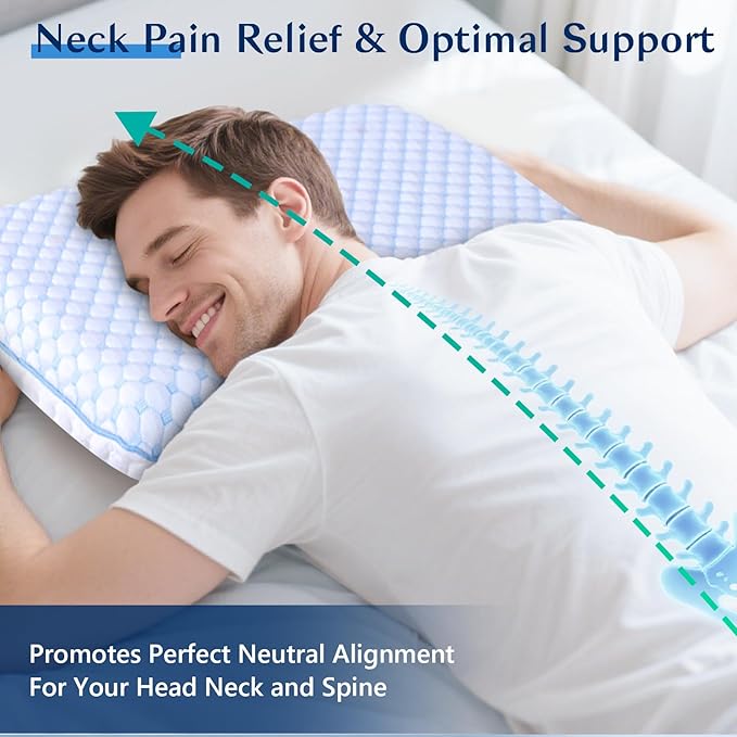 Flat Pillow for Stomach and Back Sleepers, Ultra Thin Pillow for Sleeping, Cooling Gel Slim Stomach Sleeping Pillows for Shoulder Neck Pain Relief, Low Profile Memory Foam Pillows 2.75-inches