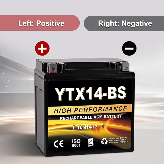 YTX14-BS 12V 14Ah AGM Sealed Motorcycle Battery, Maintenance-Free, Compatible with Honda, Yamaha, Kawasaki, Suzuki, and UTVs, Jet Skis, Snowmobiles