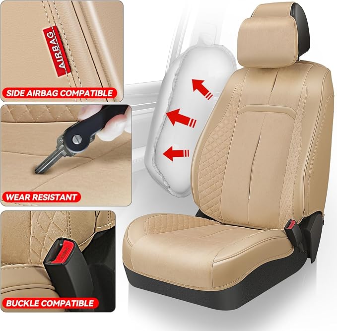 Auto Dynasty Car Seat Covers Full Set, Automotive Seat Covers for Cars Breathable Waterproof, Universal Anti-Slip Car Interior Protectors Compatible Airbag Fit Most Cars, Beige, Voris Series