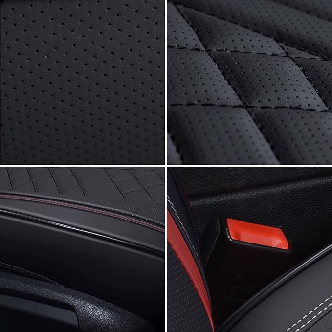 GXT Deluxe Faux Leather Full Coverage Car Seat Cover Anti-Slip Universal Fits for Sedans SUV Pick-up Truck with Headrests,Interior Accessories(Black with Red Strip)