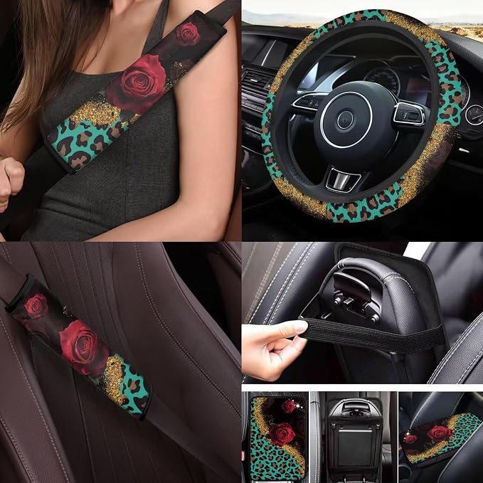 17 Pack Leopard Print Car Seat Covers Sets with Front and Rear,Car Accessories Full Set with Auto Front Rear Foot Carpet All Weather,Steering Wheel Cover,Car Seat Belt Cover,Universal Fit