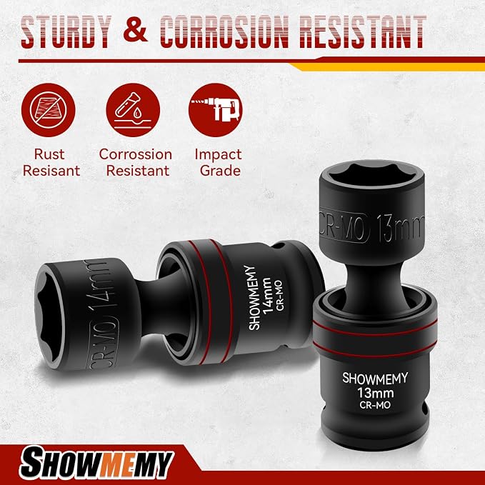 Drive Impact Universal Joint Socket Set, 6 Points, Shallow Swivel Socket Set, Cr-Mo Steel. Flexible Wobble Sockets with 3", 6" Extension Bar, Adapter(Metric 1/2(18 PCS)
