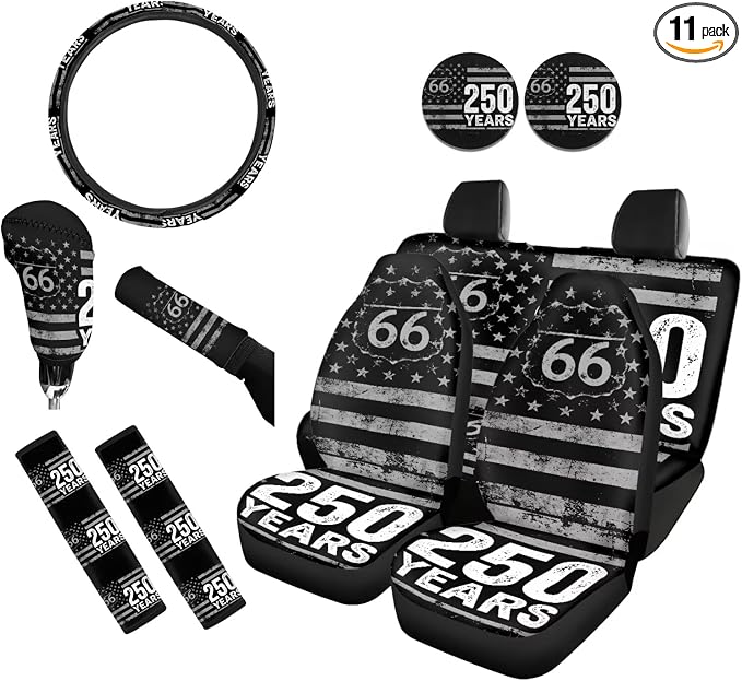 Route 66 250 Years American Flag Car Seat Cover Set 11 Piece with Seatbelt Pad Cover and Steering Wheel Covers, Black Patriotic Auto Decor for 250th Anniversary Celebration