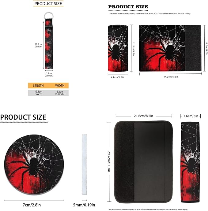 Gothic Spider 17 Pcs Car Accessories Seat Covers Full Set Steering Wheel Cover Floor Mats Center Console Pad Cup Holders Seat Belt Pads for Women Men Car Interior Decor