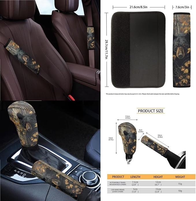 Universal Automotive Seat Covers & Accessories Full Set Bear Camo Hunting Car Front and Rear Seat Covers Steering Wheel Cover Armrest Cushion Safety Belt Pads Cup Cushions
