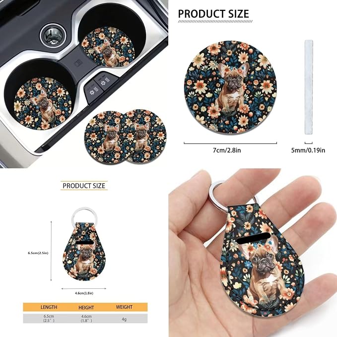 Suobstales French Bulldog Flower Print Car Seat Covers Full Set for Women Girly Seat Cover Protector Auto Decorative with Steering Wheel Cover +Seat Belt Covers +Coasters +Keychains