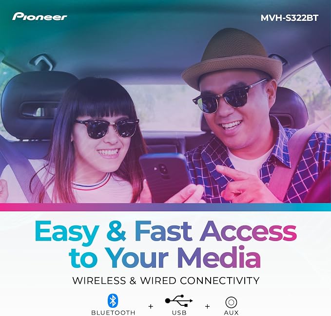 Pioneer MVH-S322BT 1-Din Digital Media Receiver – Bluetooth, USB, Color Change, FLAC, Voice Control, 50W x 4 Output, 13-Band EQ, AM/FM Radio, iPhone/Android Compatible, Front, Rear/SW Selectable RCA