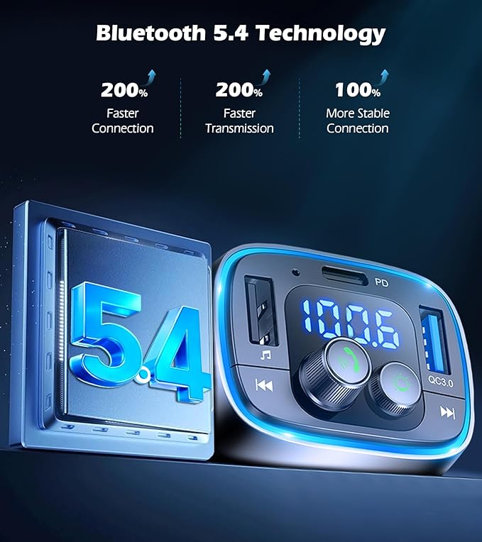 LIHAN USB C Bluetooth 5.4 Car Adapter, Wireless Upgrade Audio System for Non-Bluetooth Vehicles, FM Radio Transmitter, 48W Fast Charging, Stable Hands-Free Calling, MP3 Music Player, Support USB/TF