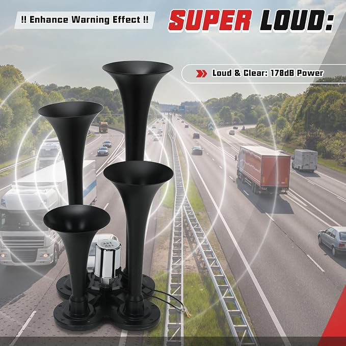 PTNHZ Double Row 4 Trumpet Air Horns Kit w/Electric Solenoid & Mounting Hardware 12V/24V Super Loud 178dB Universal for Pickup Car Jeep SUV Train Boat(Black)
