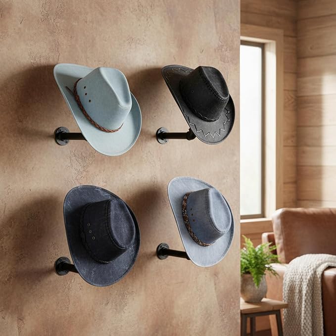 Cowboy Hat Rack -2 Pack Black Metal Pipe & Brown Wood Wall-Mounted Hat & Wig Holder, Hanging Motorcycle Helmet Holder Rack, Rustic Wood Helmet Hooks, Easy Storage for Coats, Hats, Caps