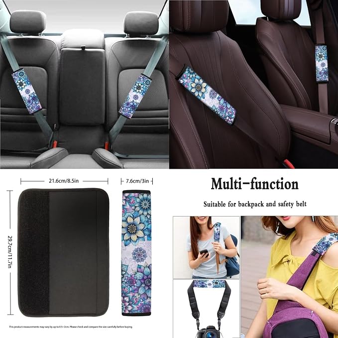 Suobstales Boho Mandala Print Car Seat Cover for Women Men Full Set SUV Interior Accessories Front/Back Bench Bucket Seat Cover,Steering Wheel Cover,Seat Belt Cover,Cup Holder Coasters,Keychain