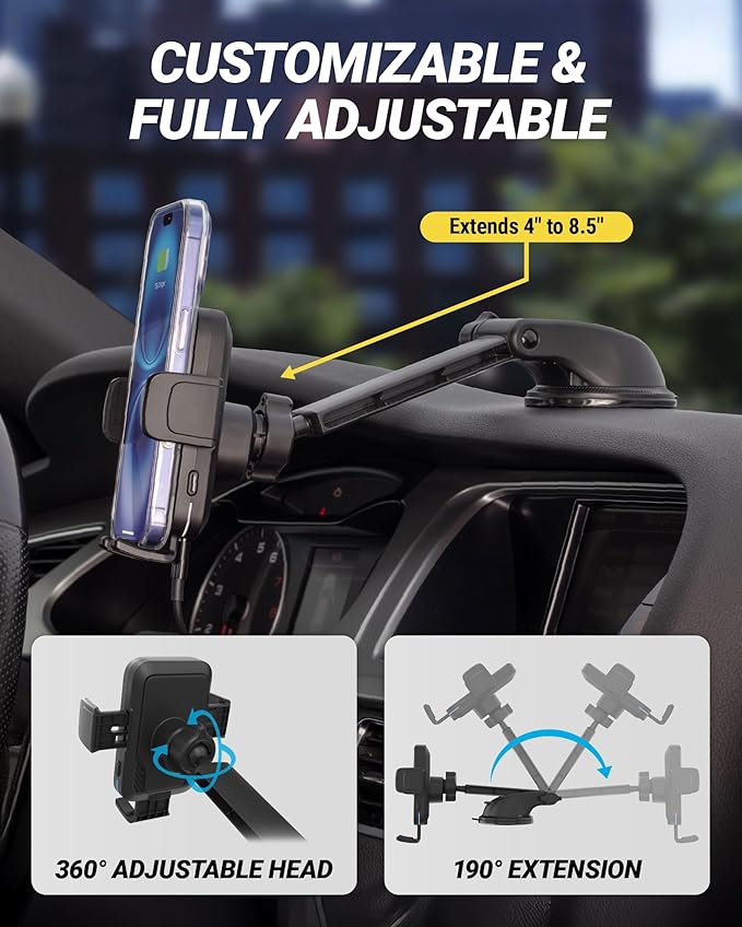 Scosche Wireless Car Charger Mount, Auto-Clamping Car Phone Holder Charger for Dashboard/Windshield with Adjustable Arm, 360° Rotation, Compatible with iPhone, Samsung, and More Android Phones