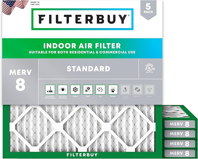 Filterbuy 15x15x1 Air Filter MERV 8 Essential Dust & Allergy Defense (5-Pack), Electrostatic Pleated HVAC AC Furnace Filters Replacement (Actual Size: 15.00 x 15.00 x 0.75)