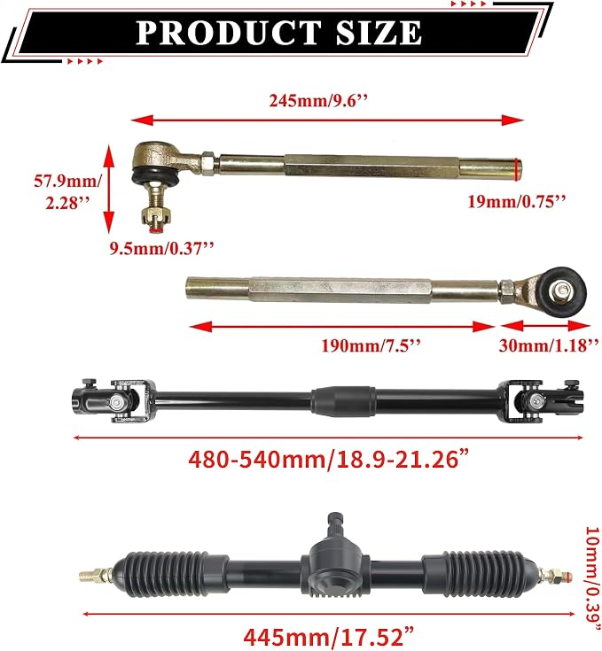 270mm/10.6'' Front Steering Wheel 450mm/17.7'' Rack Pinion Adjustable Shaft Tie Rod Ends Assembly with 22mm/0.87'' Handlebar Mounting Clamps for DIY 110cc 125cc 150cc Go-Karts UTVs Off-road