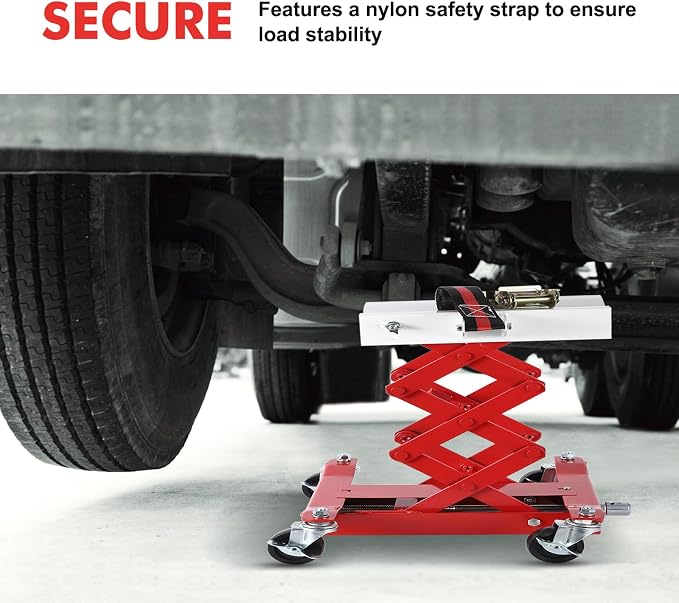 GarveeTech 450 LBS Low Profile Transmission Jack - Heavy-Duty Auto Repair Lift with 7-23 Inch Height Range, 2M Safety Straps & 4 Brake Wheels for Safe, Smooth Repairs - Red