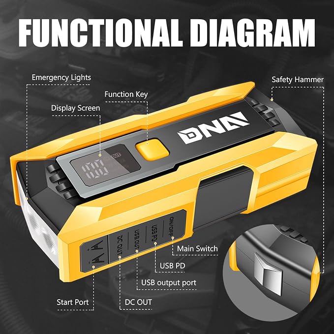 DNA Motoring 12V 2000A Peak Multi-Function Portable Car Battery Jump Starter for Up to 8.0L Gas / 6.3L Diesel Engine, with Carry Case, Golden/Black,TOOLS-00276