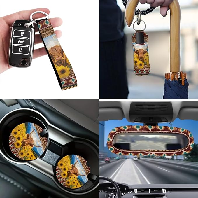 Sunflower Highland Cow Car Seat Covers Set of 12 Seat Belt Pad Cover Steering Wheel Cover Car Trash Can Rear View Mirror Cover Cup Coasters Keychains Keychain Holder