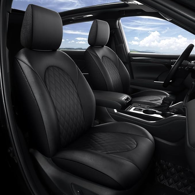 GIANT PANDA Custom Fit Highlander 2 Pack Front Car Seat Covers Toyota Highlander 2020 2021 2022 2023 2024 2025 2026 XLE/LE/L/Limited/Hybrid,Faux Leather, Polyester Fiber Accessories (Black)