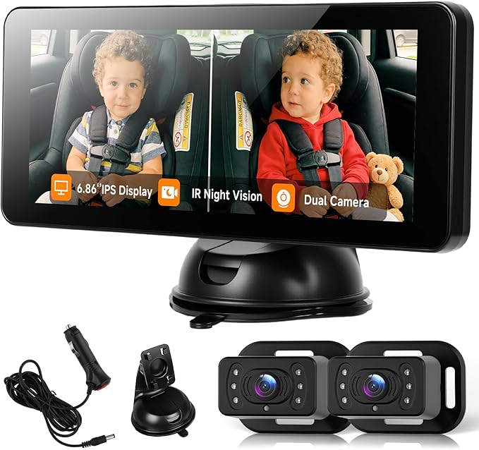 Dual Baby Car Monitor for 2 Kids - 6.86 Inch IPS Split Display with 2 IR Night Vision Camera, Dual Channel Car Baby Monitor Easily Install for Rear Facing Seat Backseat Camera for Baby