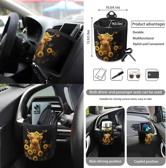 Wanyint Car Seat Cover Set 15 PCS, with Steering Wheel Seat Belt Strap Rear View Mirror Cover Trash Can Cup Coaster Keychain Air Vent Storage Bag Universal Fit, Sunflower Highland Cow Black
