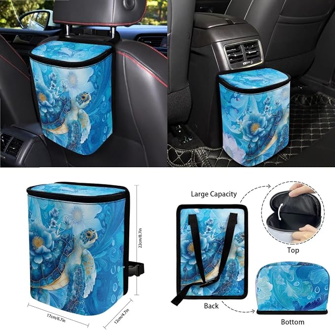 Turtle Floral Wave Print Universal Fit Car Seat Cover Set Steering Wheel Covers Seatbelt Strap Cover Garbage Cans Air Vent Storage Holder Rearview Mirror Covers Coasters Keychain 15 PCS