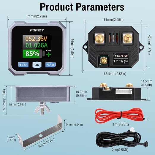 10-100V Battery Monitor with 50A Shunt, LCD Backlight Coulometer, Digital Voltage Current Power Capacity Meter for RV, Marine, Motorcycle, Golf Cart, Solar System
