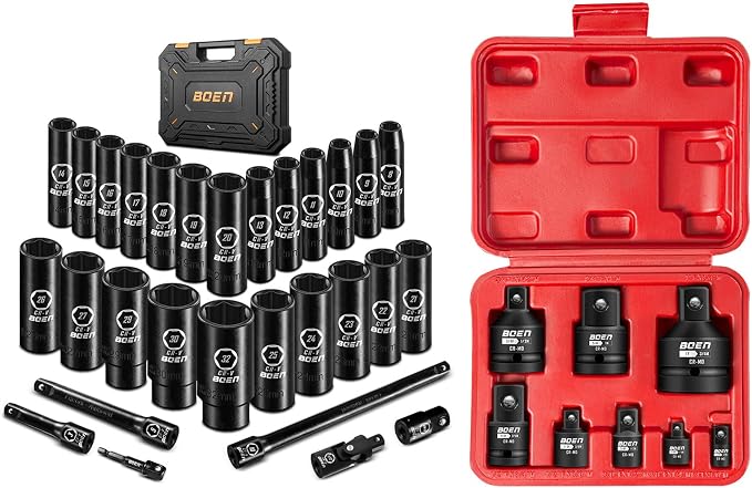 boen 29PCS 1/2" Metric Socket Set(8mm-32mm) + 8PCS Impact Socket Adapter Set