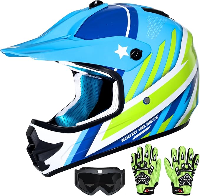 Youth Dirt Bike Helmet DOT Approved, Kids Motocross Full Face Helmet with Adjustable Goggles Riding Gloves & Storage Bag, Off-Road Sport Gear Set for Boys Girls ATV UTV