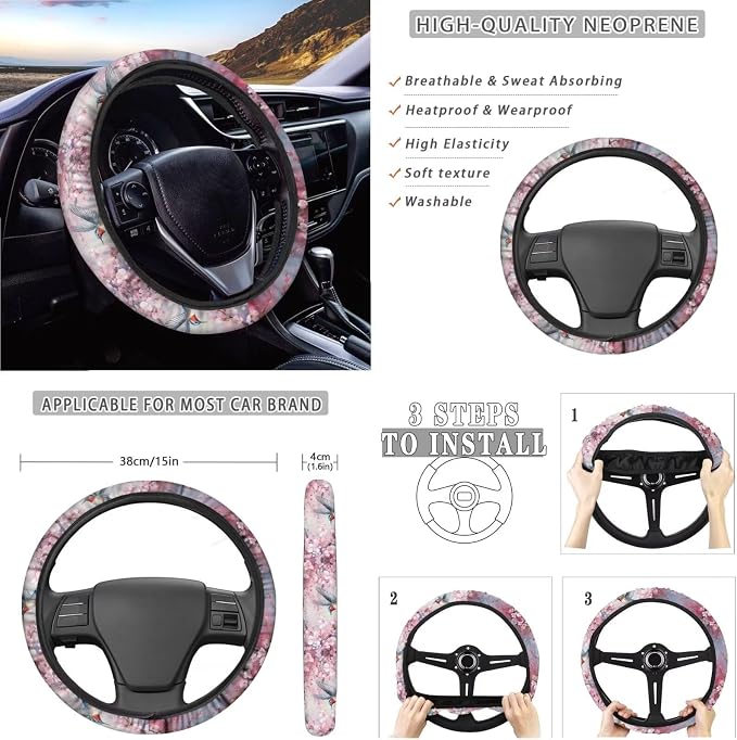 Xoenoiee Hummingbird Pink Flower Pattern 11 Pack Universal Car Seat Covers Front & Rear Car Interior Accessories with Steering Wheel Cover, Seat Belt Pads, Cup Coaster, Key Chains