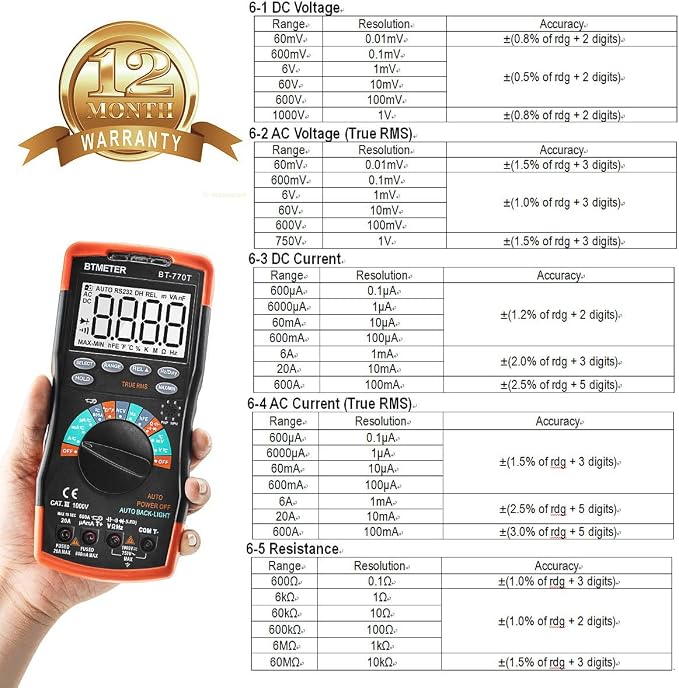 True RMS Digital Multimeter Tester 6000 Counts AC DC 20A Ohmmeter Voltmeter DMM Measure Voltage Current Amp Resistance Diodes Continuity Duty-Cycle Capacitance Temperature (BTMETER BT-770T)
