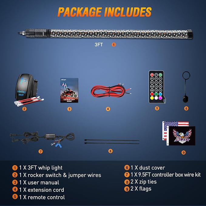 Nilight LED Fat Whip Light 1PC 3FT RGB Lighted Antenna Whips with Remote & App Control DIY Chasing Patterns Brake Reverse Lights for ATV UTV Polaris RZR Can-am Dune Buggy Pickup Trucks Jeep