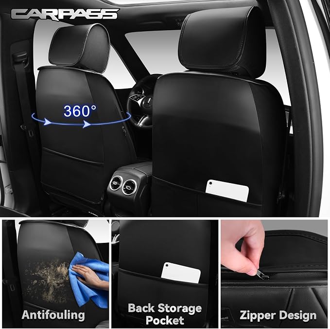 CAR PASS Luxury Nappa Leather Car Seat Covers Front Seats Only, Waterproof Faux Leather Front Seat Covers, Universal Automotive Seat Cushion Fit for Sedan SUV Truck Van, Airbag Compatible Rhomb Black
