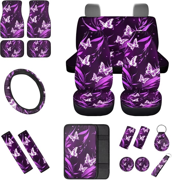 Purple Butterfly Car Seat Covers Full Set Auto Steering Wheel Cover Floor Mats Seat Belt Pads Armrest Pad Covers Roof Handle Wraps Cup Coasters Keychains Car Accessories Set of 18