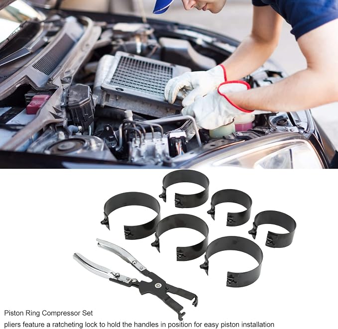 Auto Engine Piston Ring Compressor Tool Set, 6 Piston Rings (73-111mm/2.9-4.4inch) with 1 Adjustable Installer Pliers for Repairing Car Truck Automotive Engine