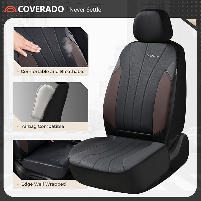 Coverado Car Seat Covers Full Set, 5 Seats Waterproof Nappa Leather Automotive Seat Protectors, Front & Rear Luxury Mesh Seat Covers, All-Weather Universal Fit for Most Cars SUVs, Coffee&Black