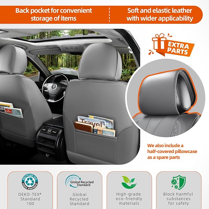 5-Seater Car Seat Covers Full Set Waterproof and Breathable Nappa Leather, Fit for Front and Rear Seats of Cars, Compatible with Airbags, Car Seat Protector Covers for Most Cars - Grey